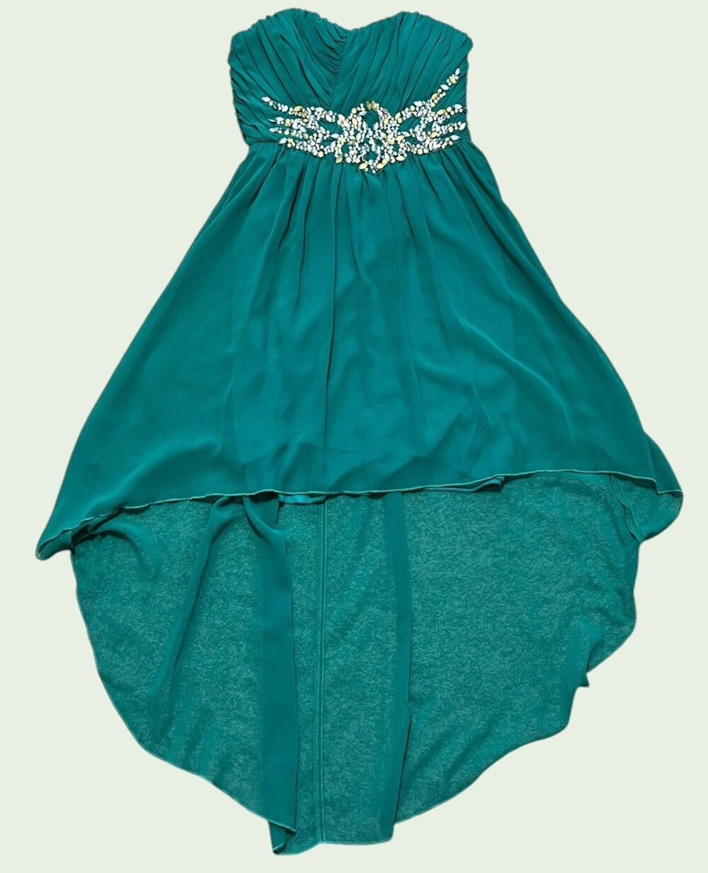 Jodi Kristopher Prom Party Dress size 5 Jade Green Rhinestone High Low Strapless